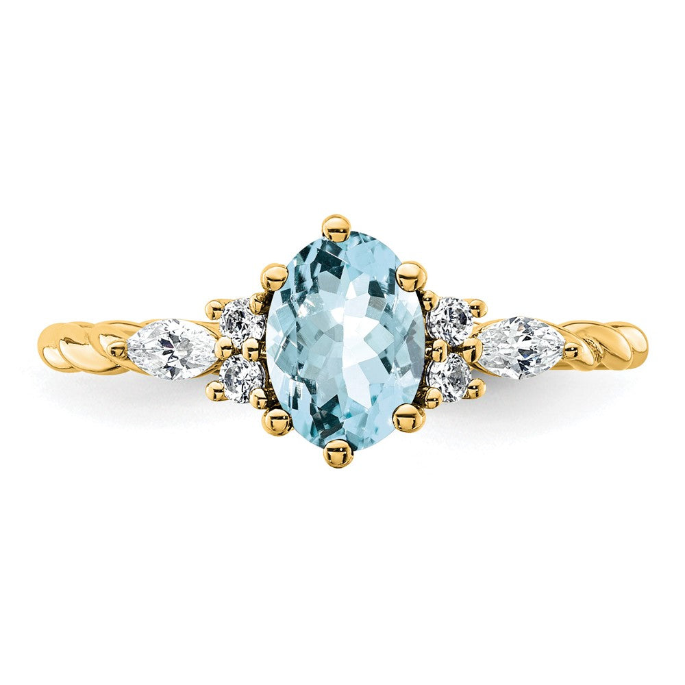 14K Polished Diamond and Aquamarine Twisted Ring