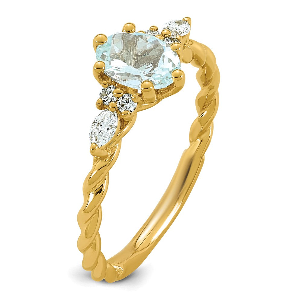 14K Polished Diamond and Aquamarine Twisted Ring