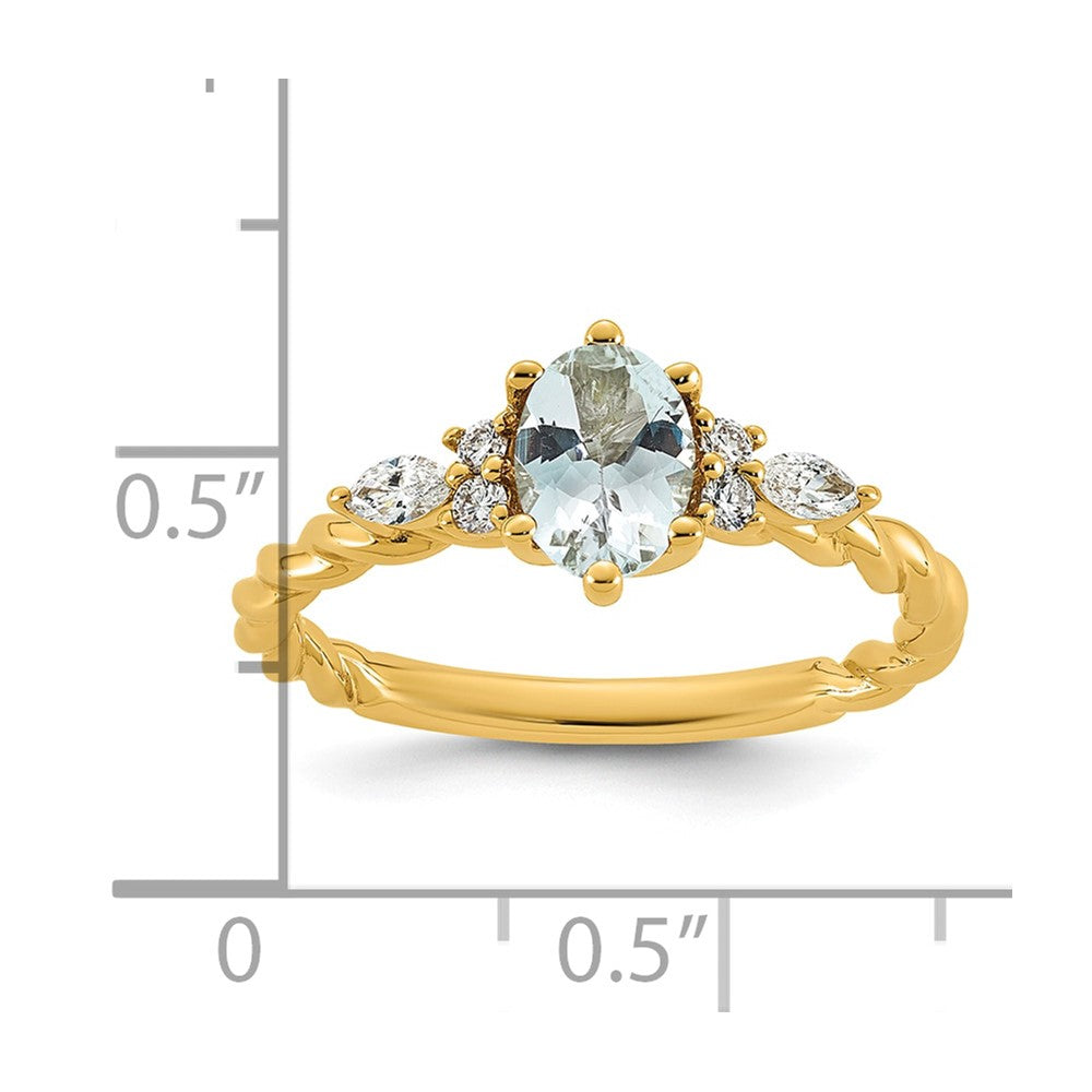 14K Polished Diamond and Aquamarine Twisted Ring
