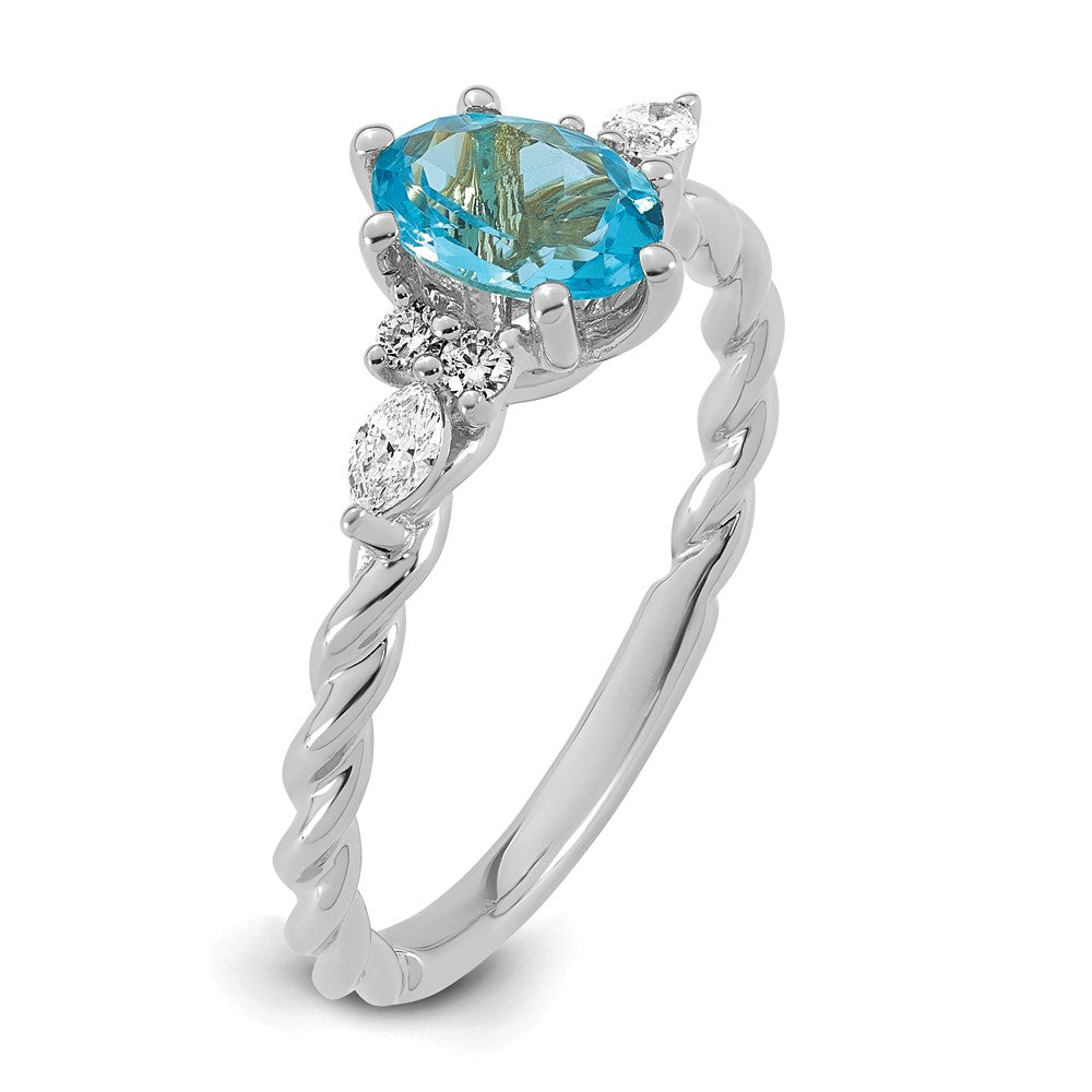 14K White Gold Polished Diamond and Blue Topaz Twisted Ring