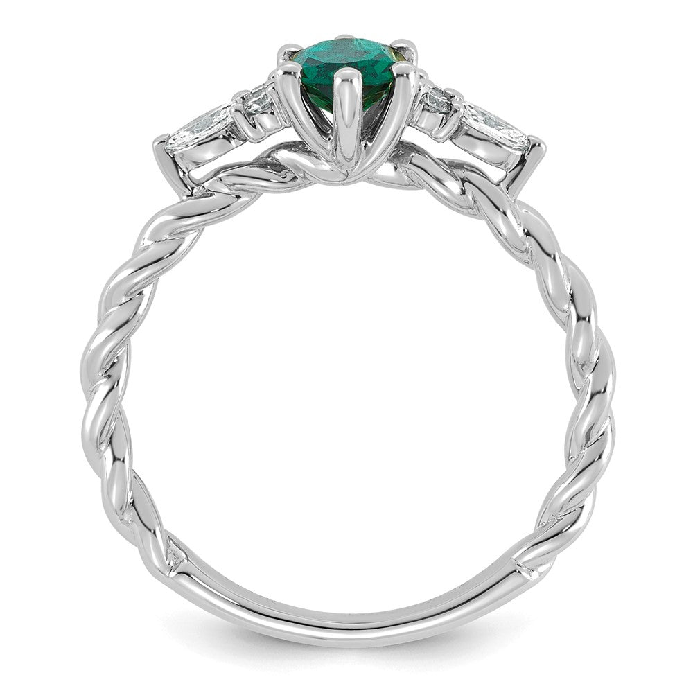 14K White Gold Polished Diamond and Lab Created Emerald Twisted Ring