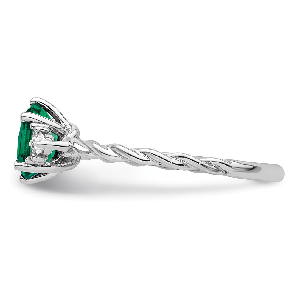 14K White Gold Polished Diamond and Lab Created Emerald Twisted Ring
