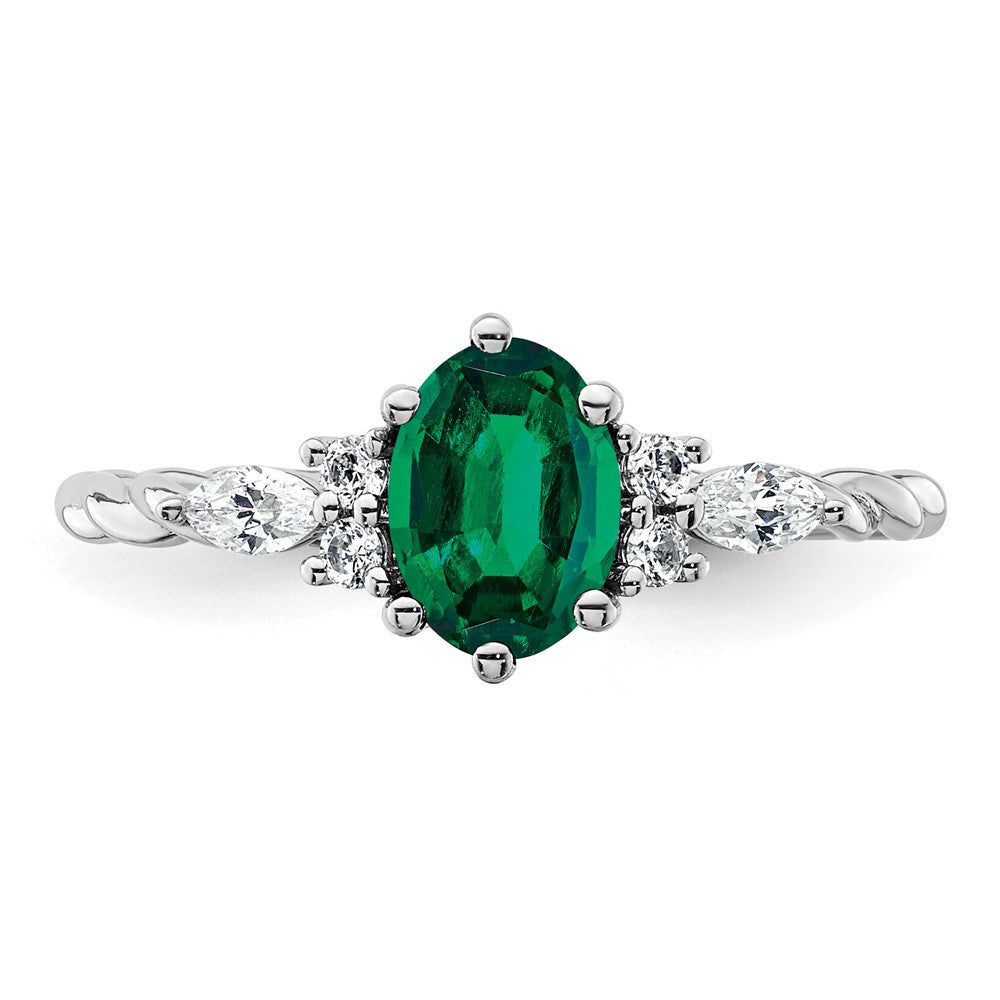 14K White Gold Polished Diamond and Lab Created Emerald Twisted Ring