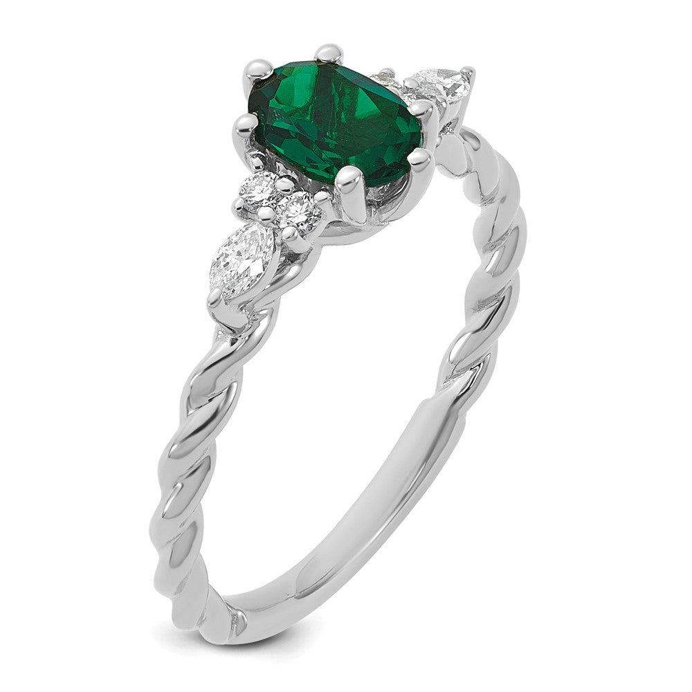 14K White Gold Polished Diamond and Lab Created Emerald Twisted Ring