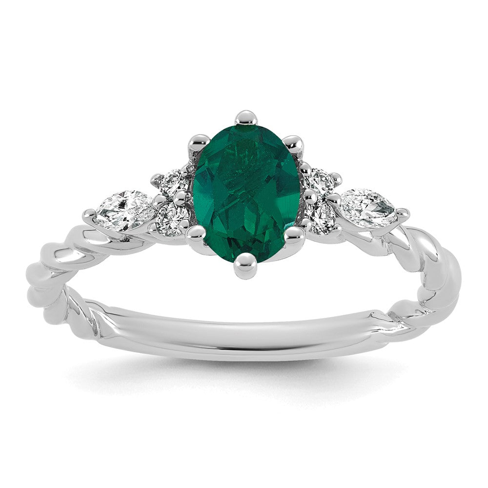 14K White Gold Polished Diamond and Lab Created Emerald Twisted Ring