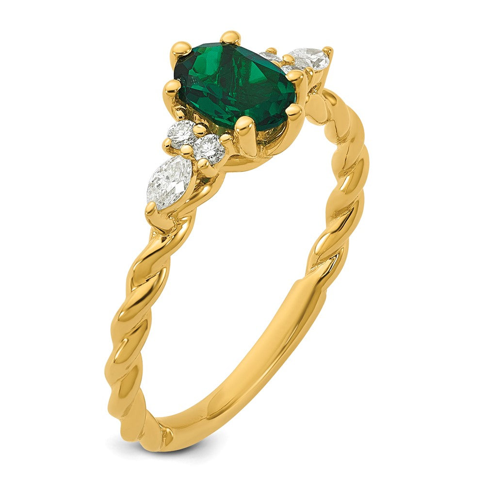 14K Polished Diamond and Lab Created Emerald Twisted Ring