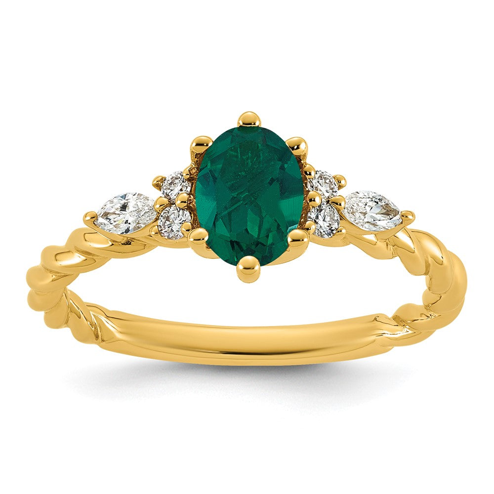 14K Polished Diamond and Lab Created Emerald Twisted Ring