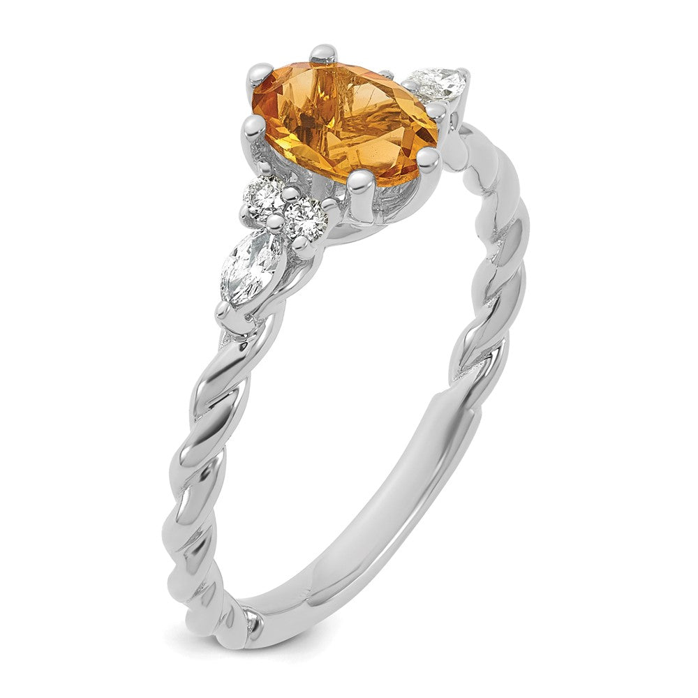 14K White Gold Polished Diamond and Citrine Twisted Ring