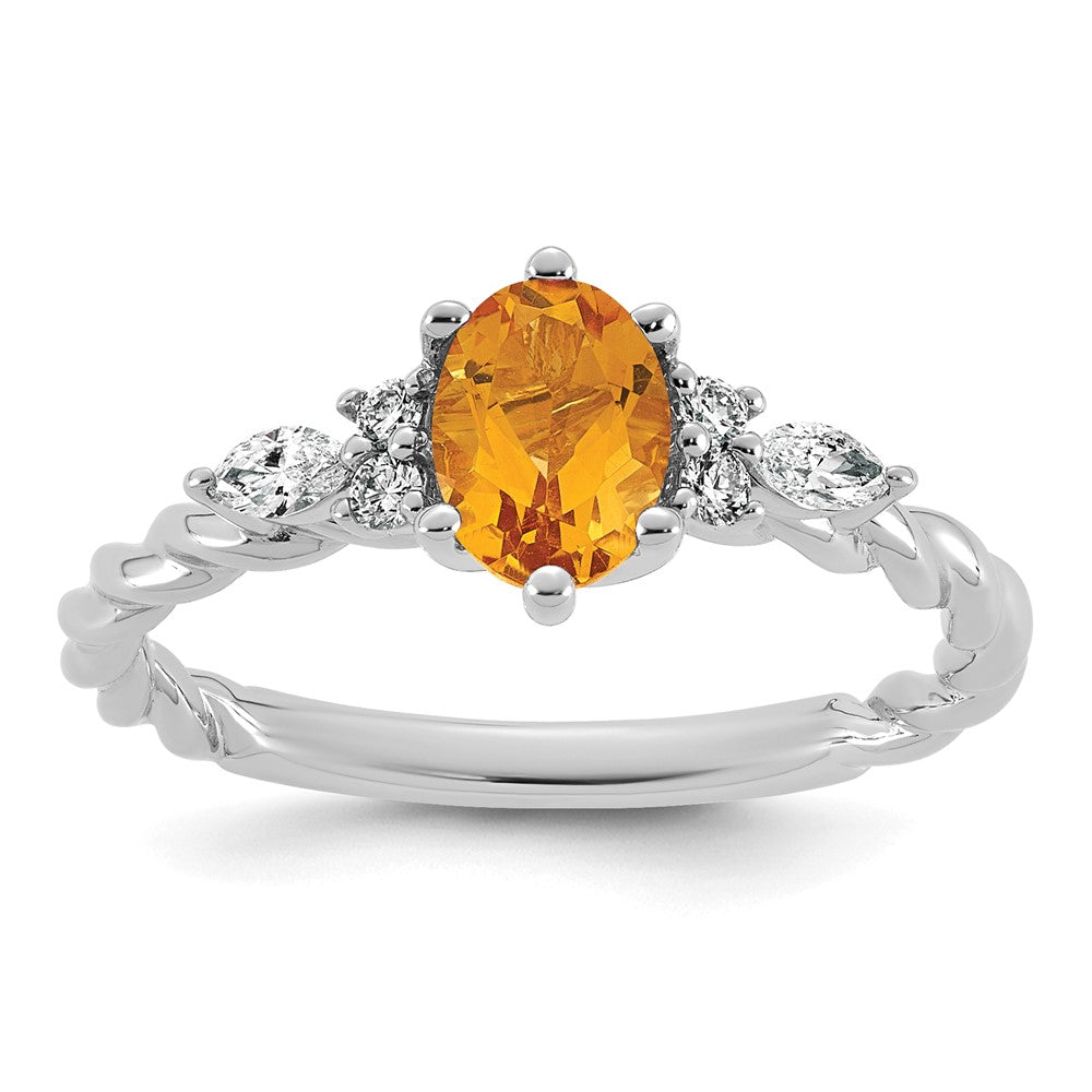 14K White Gold Polished Diamond and Citrine Twisted Ring