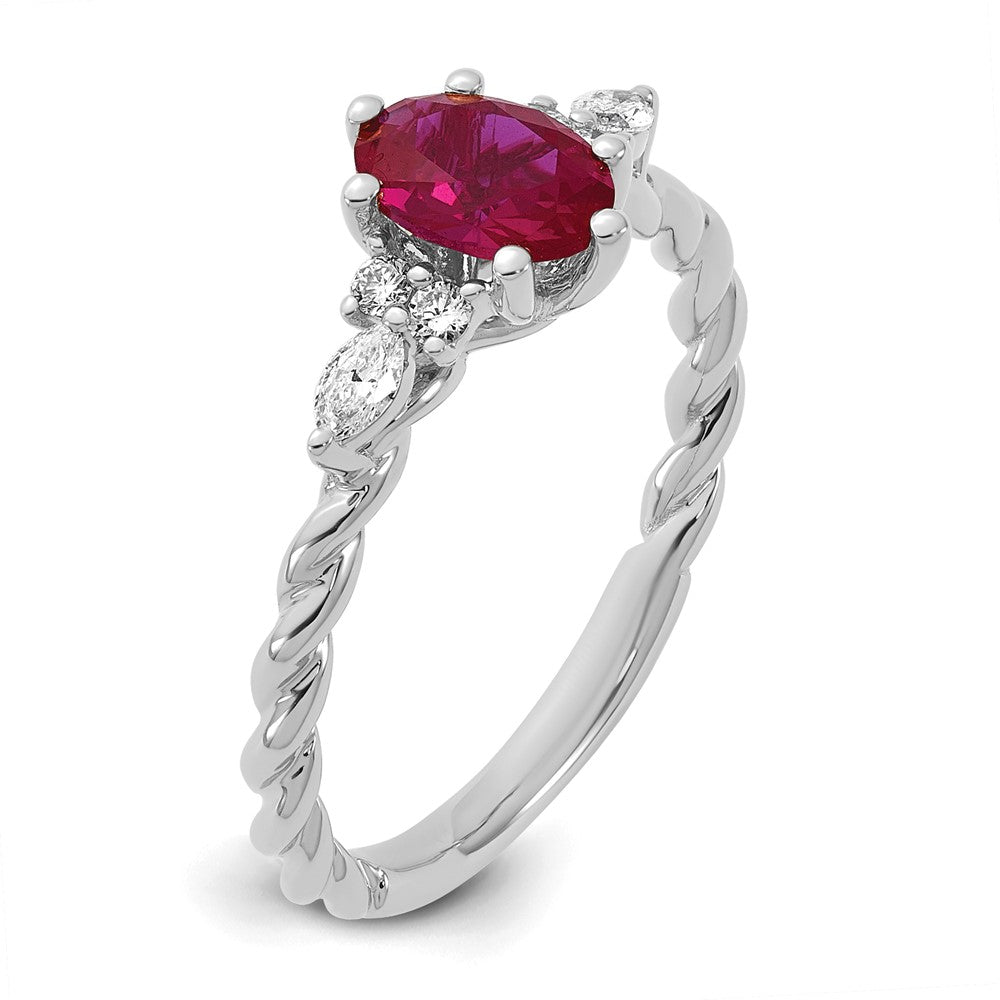 14K White Gold Polished Diamond and Lab Created Ruby Twisted Ring