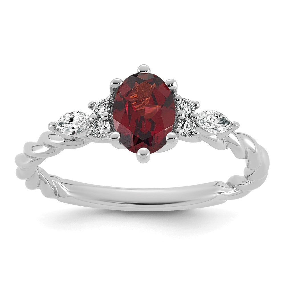 14K White Gold Polished Diamond and Garnet Twisted Ring