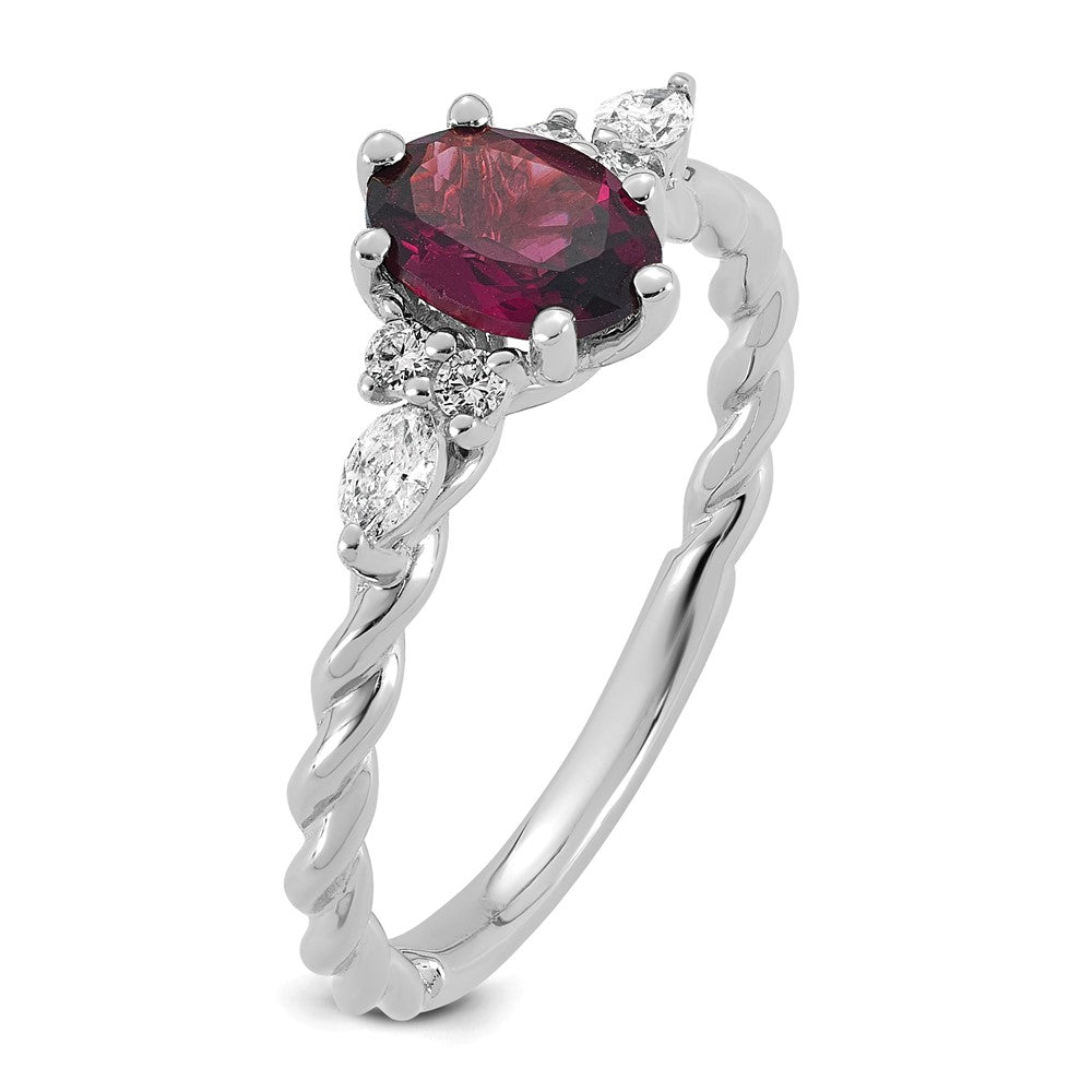 14K White Gold Polished Diamond and Rhodolite Garnet Twisted Ring