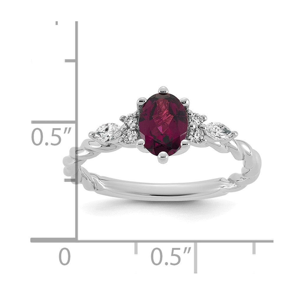 14K White Gold Polished Diamond and Rhodolite Garnet Twisted Ring