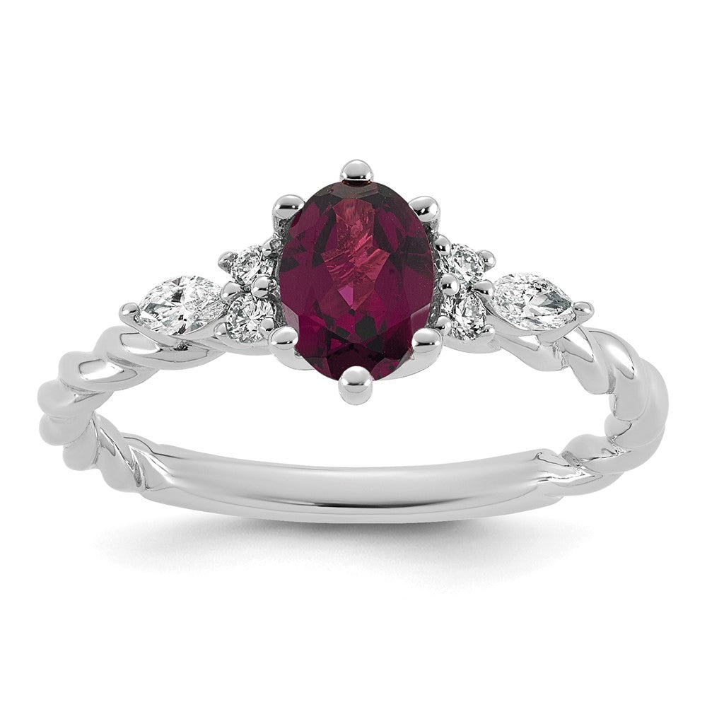 14K White Gold Polished Diamond and Rhodolite Garnet Twisted Ring