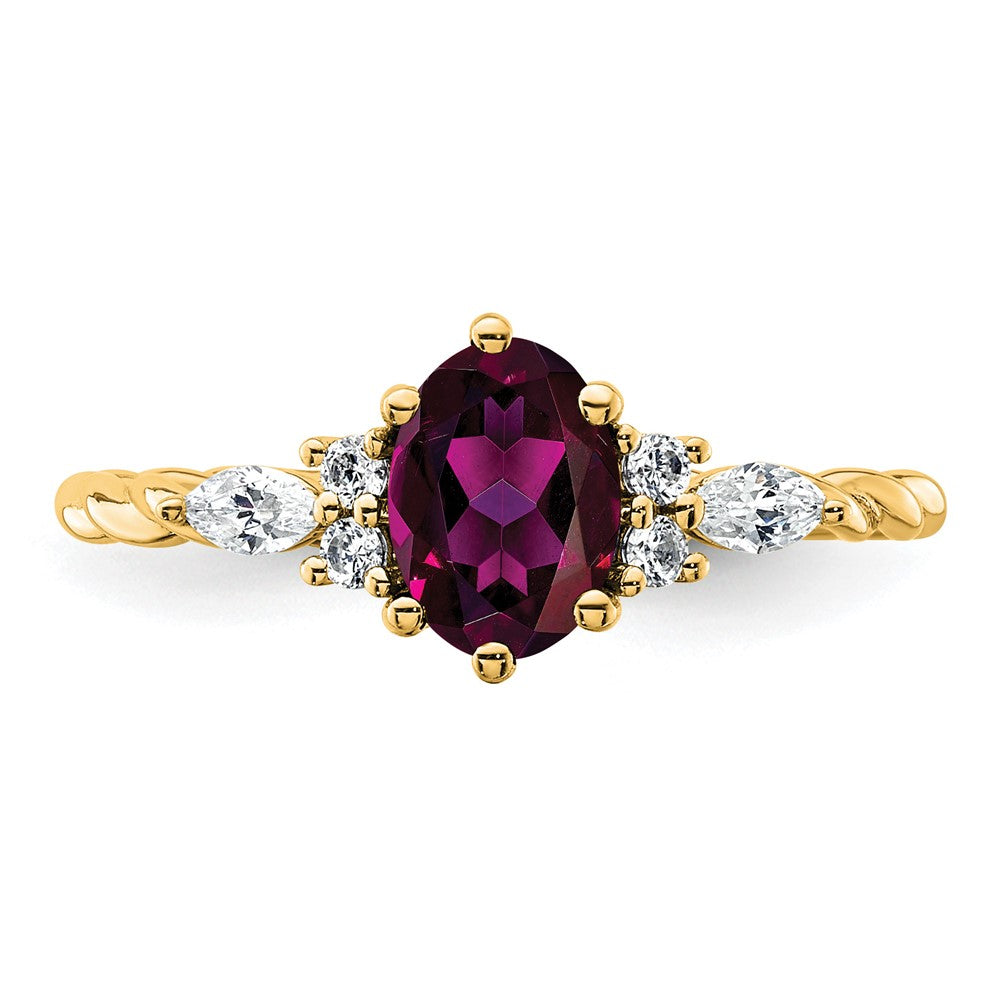 14K Polished Diamond and Rhodolite Garnet Twisted Ring