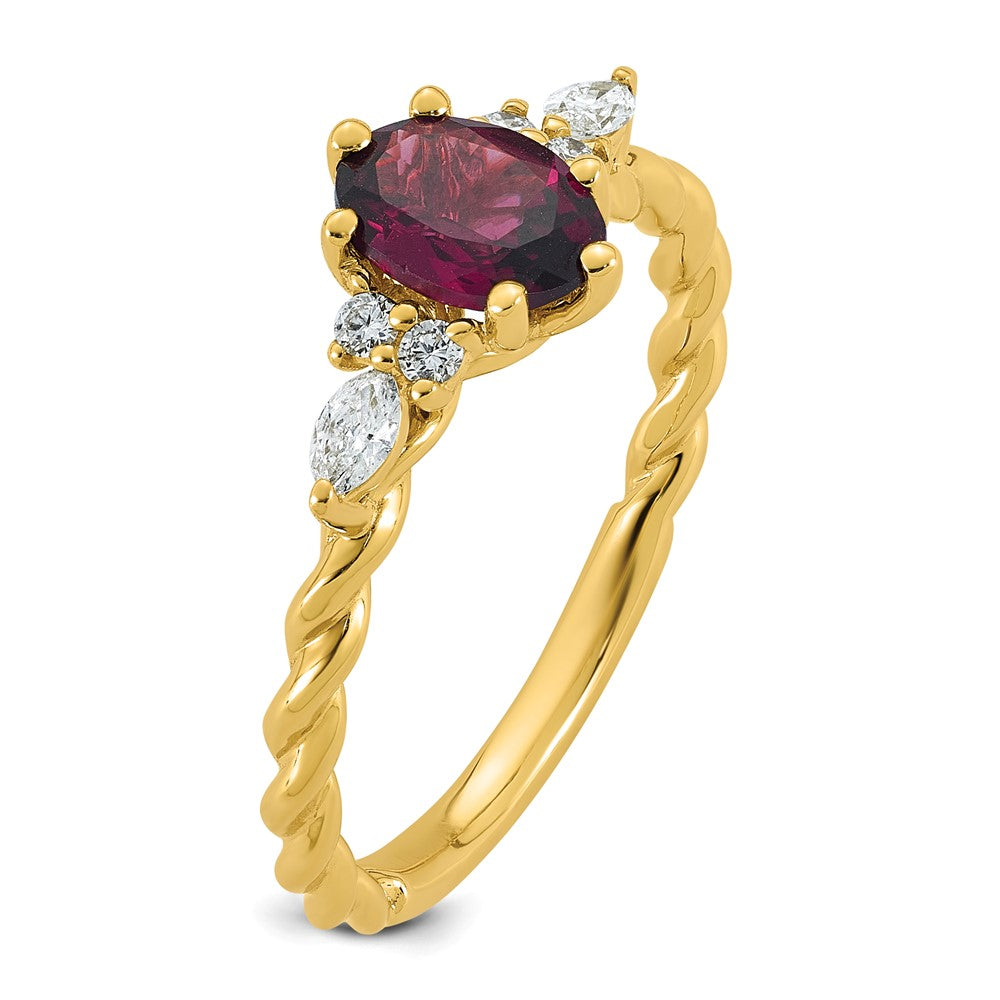 14K Polished Diamond and Rhodolite Garnet Twisted Ring