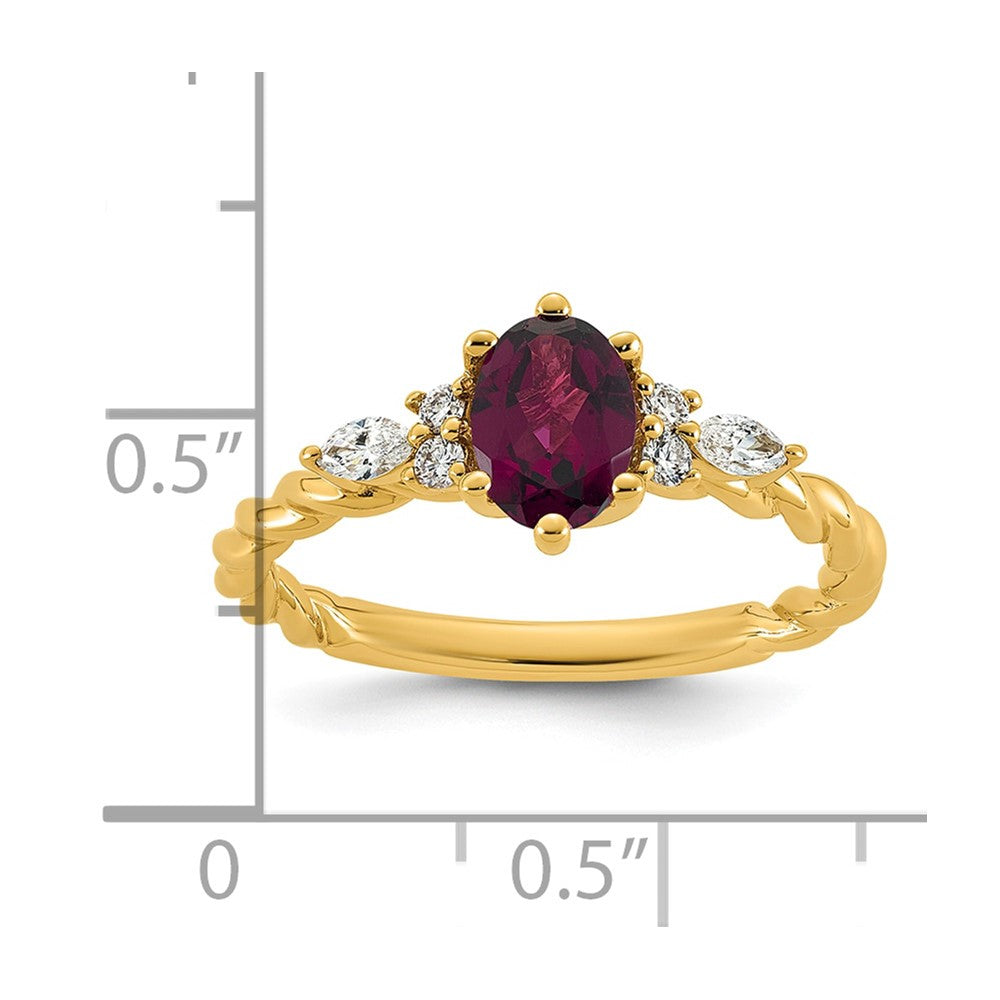 14K Polished Diamond and Rhodolite Garnet Twisted Ring