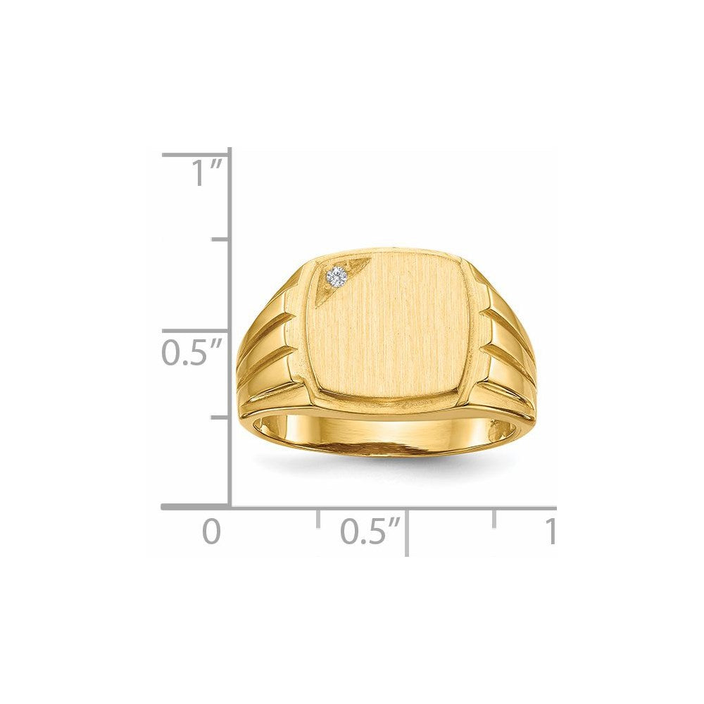 14k 12.0x11.5mm Grooved Sides Open Back AA Diamond Signet Ring