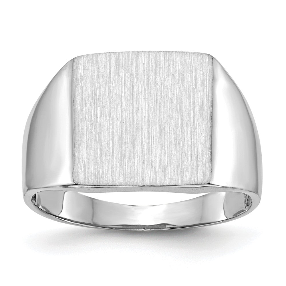 14k White Gold 13.0x13.5mm Open Back Satin Mens Signet Ring