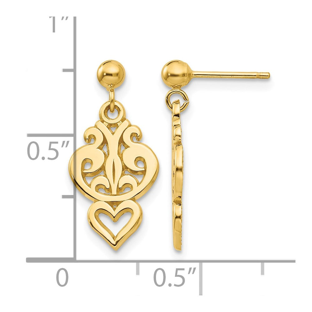 14k Polished Filigree Fancy Heart Post Dangle Earrings