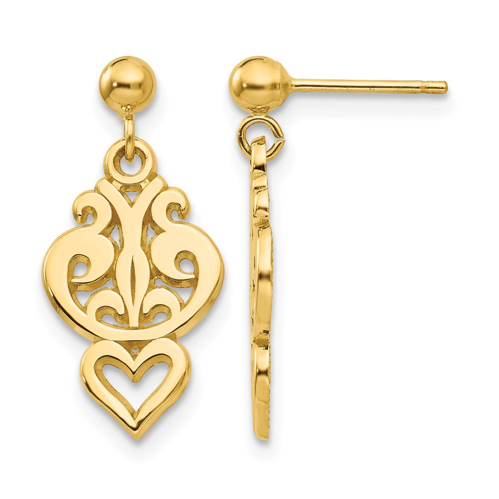 14k Polished Filigree Fancy Heart Post Dangle Earrings