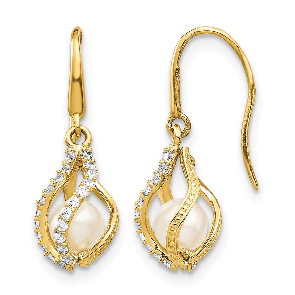 14k White Freshwater Cultured Pearl CZ Cage Dangle Earrings