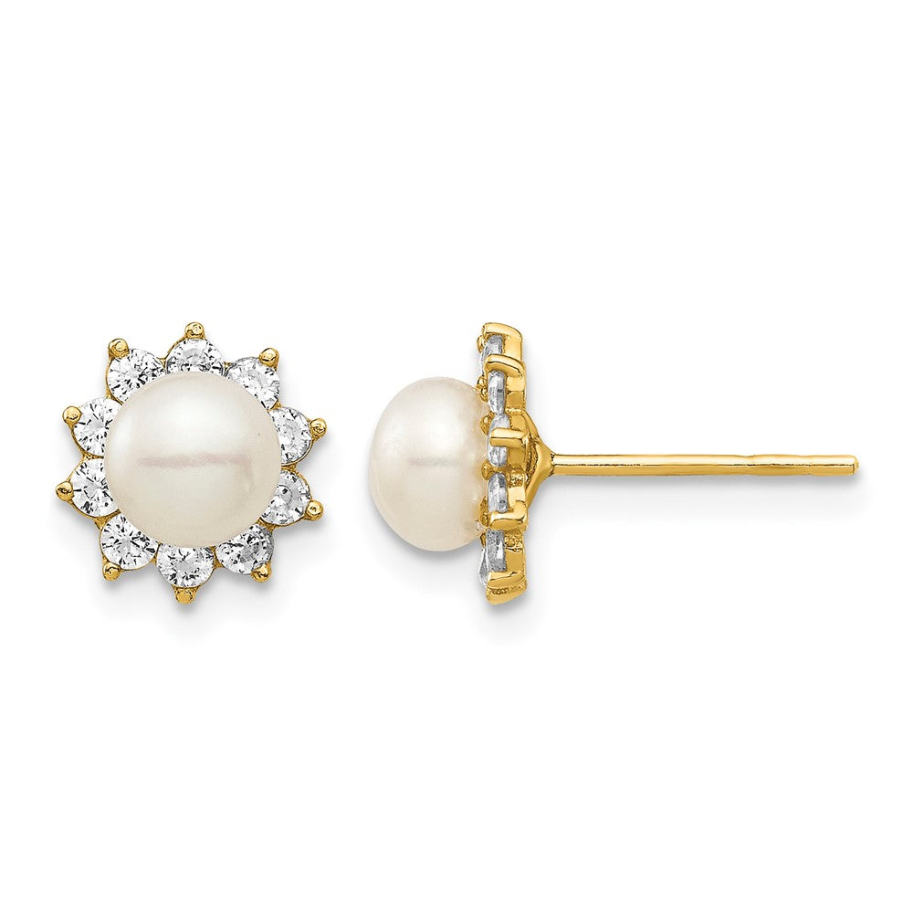 14k Madi K 5-6mm White Button Freshwater Cultured Pearl CZ Post Earrings