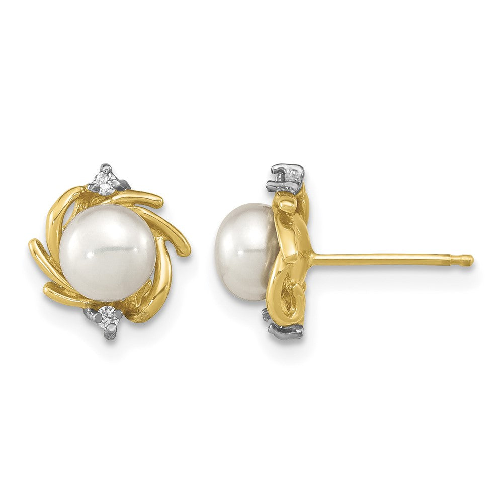 14K Madi K 5-6mm Button White FWC Pearl .04ct. Diamond Earrings