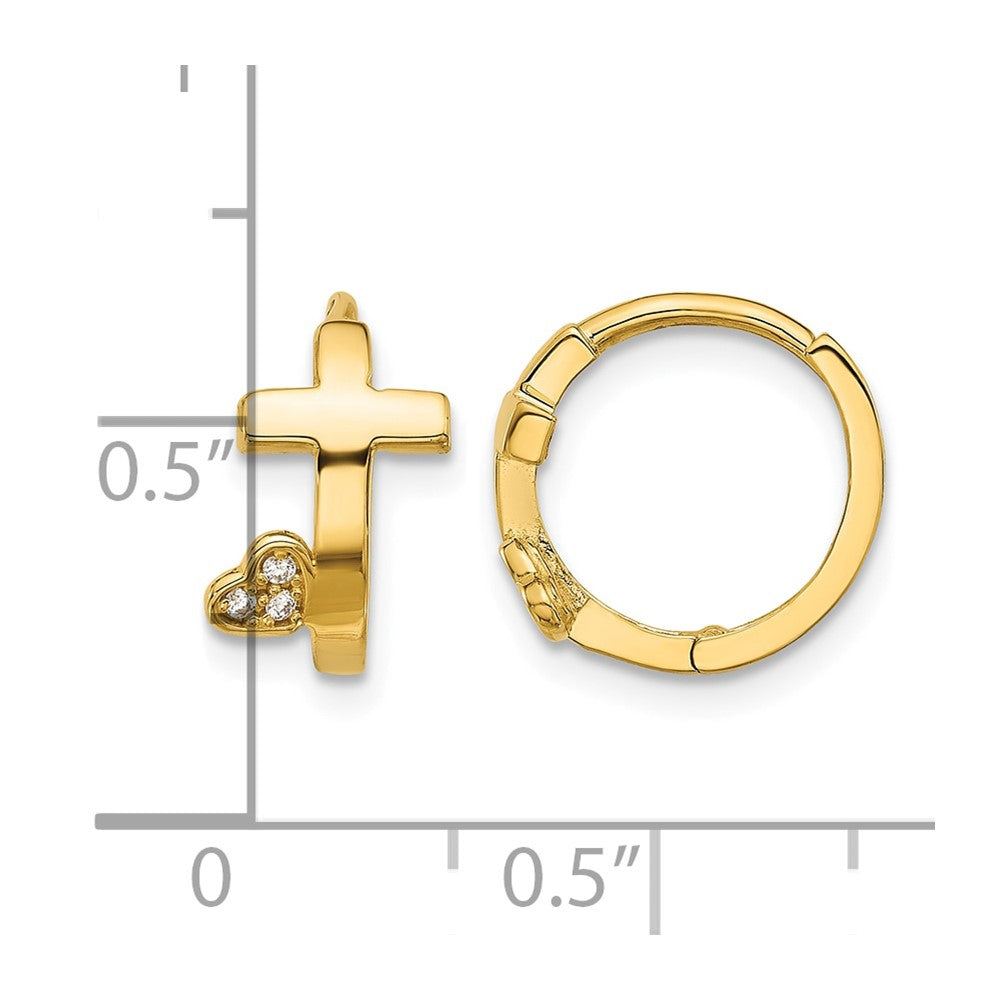 14k Madi K Polished Cross w/CZ Heart Hinged Huggie Hoop Earrings