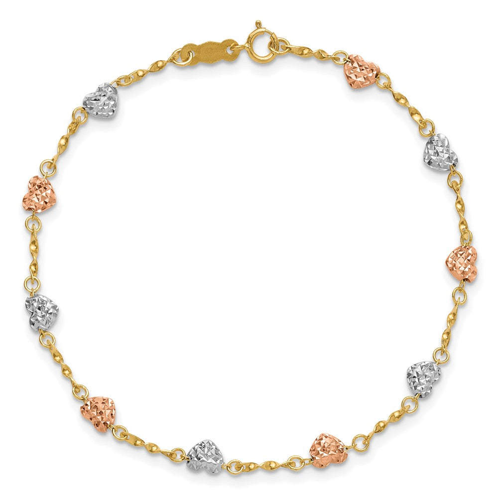 14k Tri-color Diamond-cut Puff Heart Bracelet
