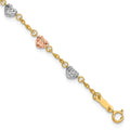 14k Tri-color Diamond-cut Puff Heart Bracelet