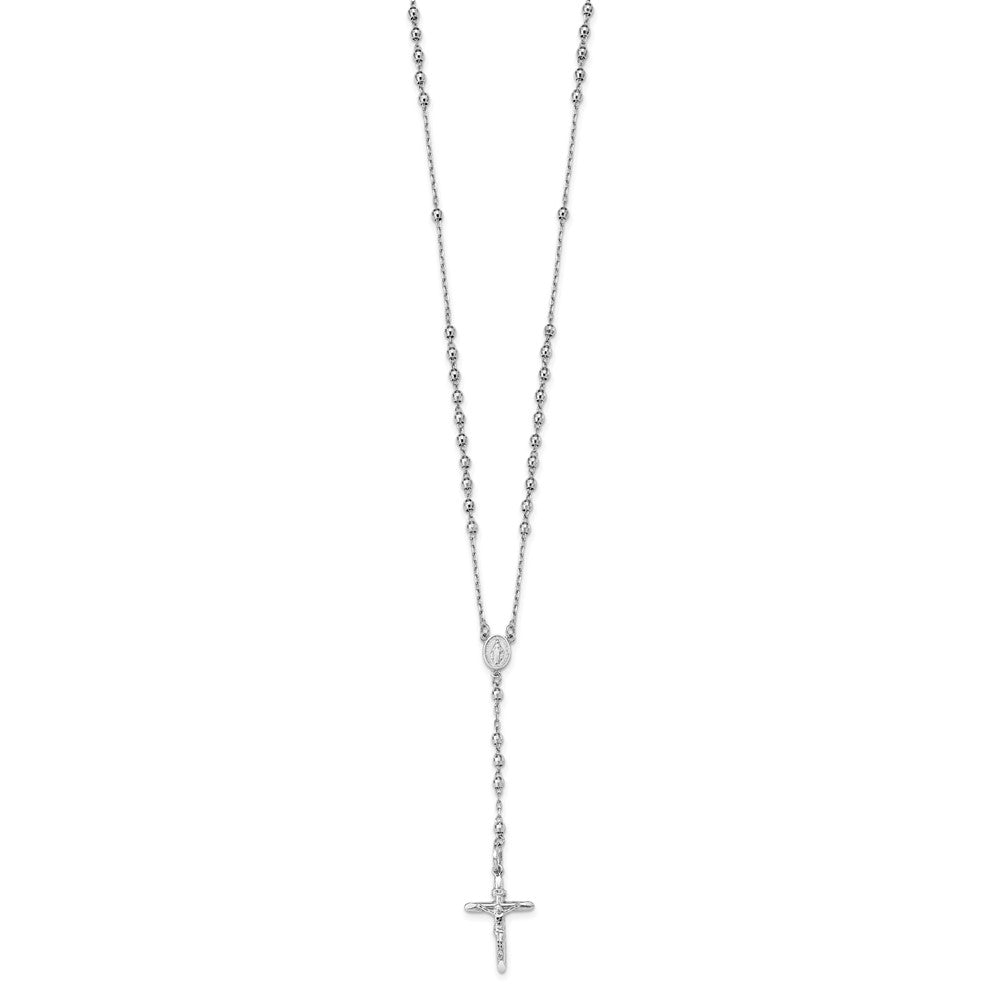 14k White Gold 3mm Mirror Beaded Rosary 24 inch Necklace