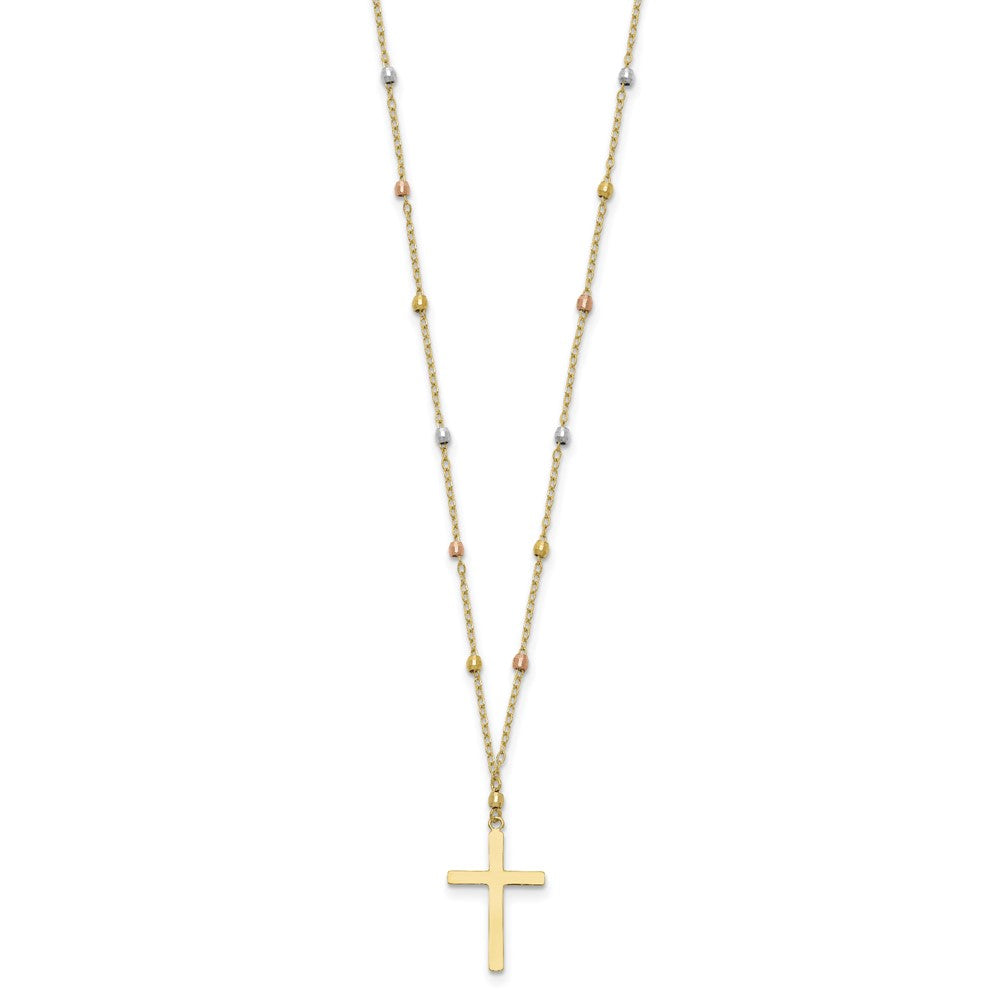 14K Tri Colored Gold Diamond Cut Beaded Cross Necklace