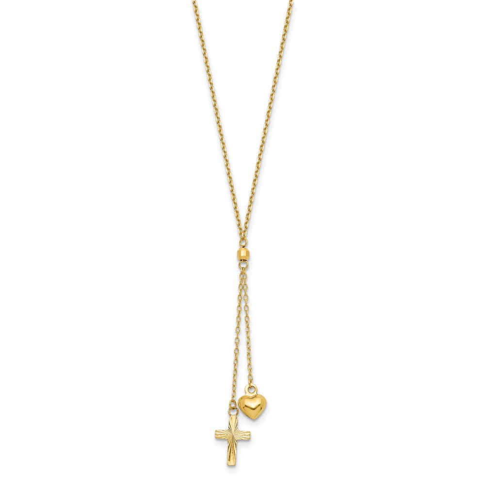 14K Puffed Heart & D/C Cross W/2 IN Ext Necklace
