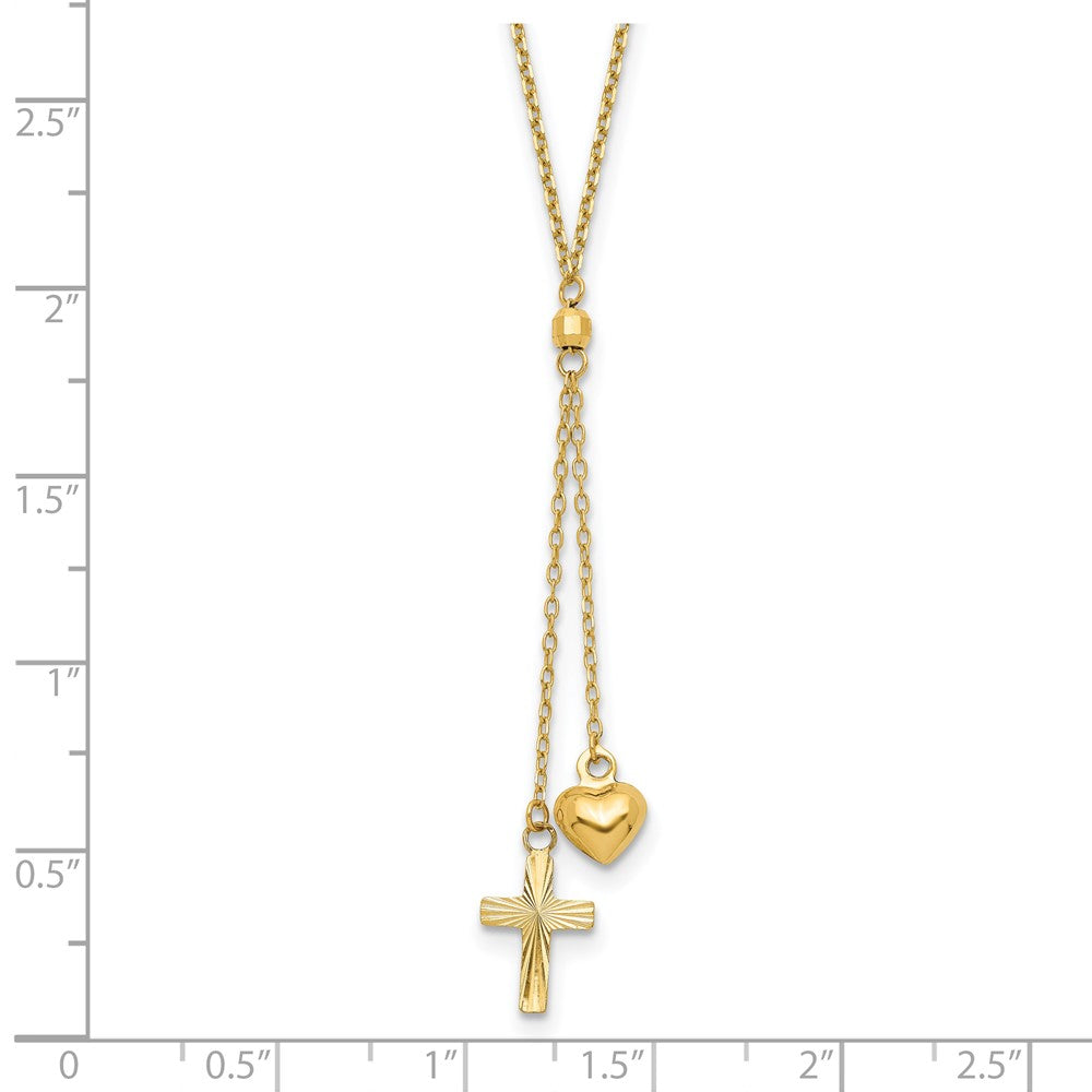 14K Puffed Heart & D/C Cross W/2 IN Ext Necklace