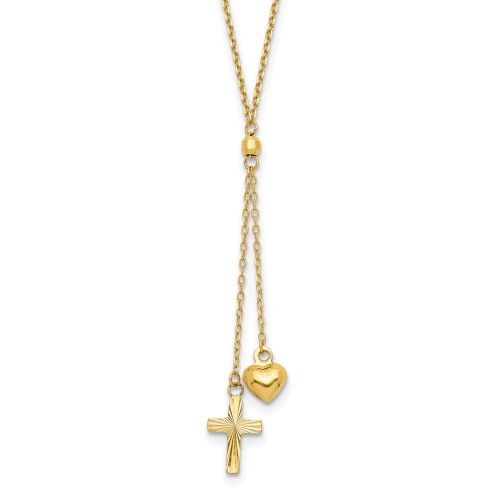 14K Puffed Heart & D/C Cross W/2 IN Ext Necklace