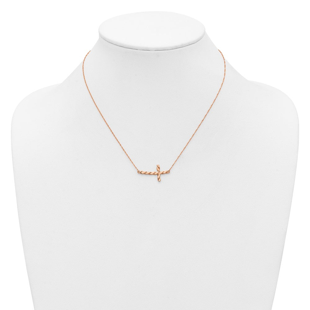 14k Rose Gold Polished Twisted Sideways Cross 17 inch Necklace