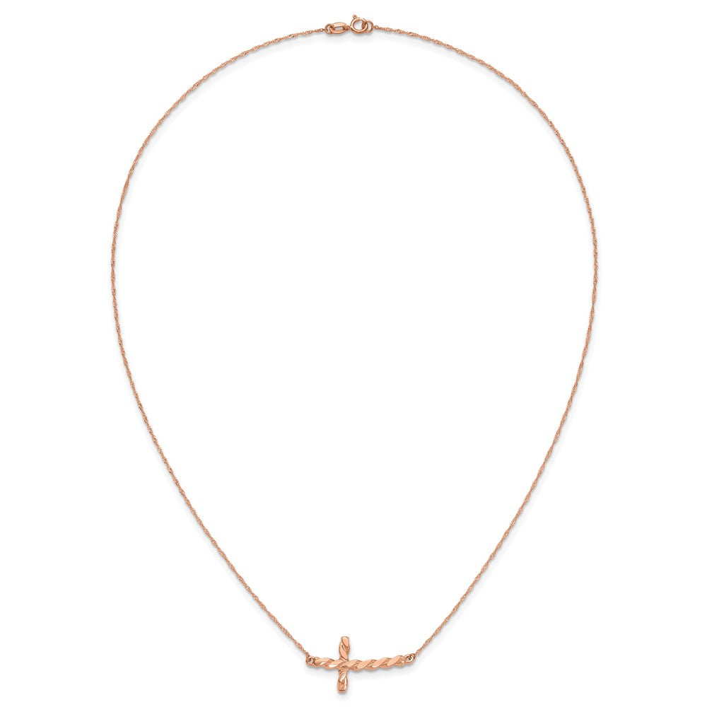14k Rose Gold Polished Twisted Sideways Cross 17 inch Necklace