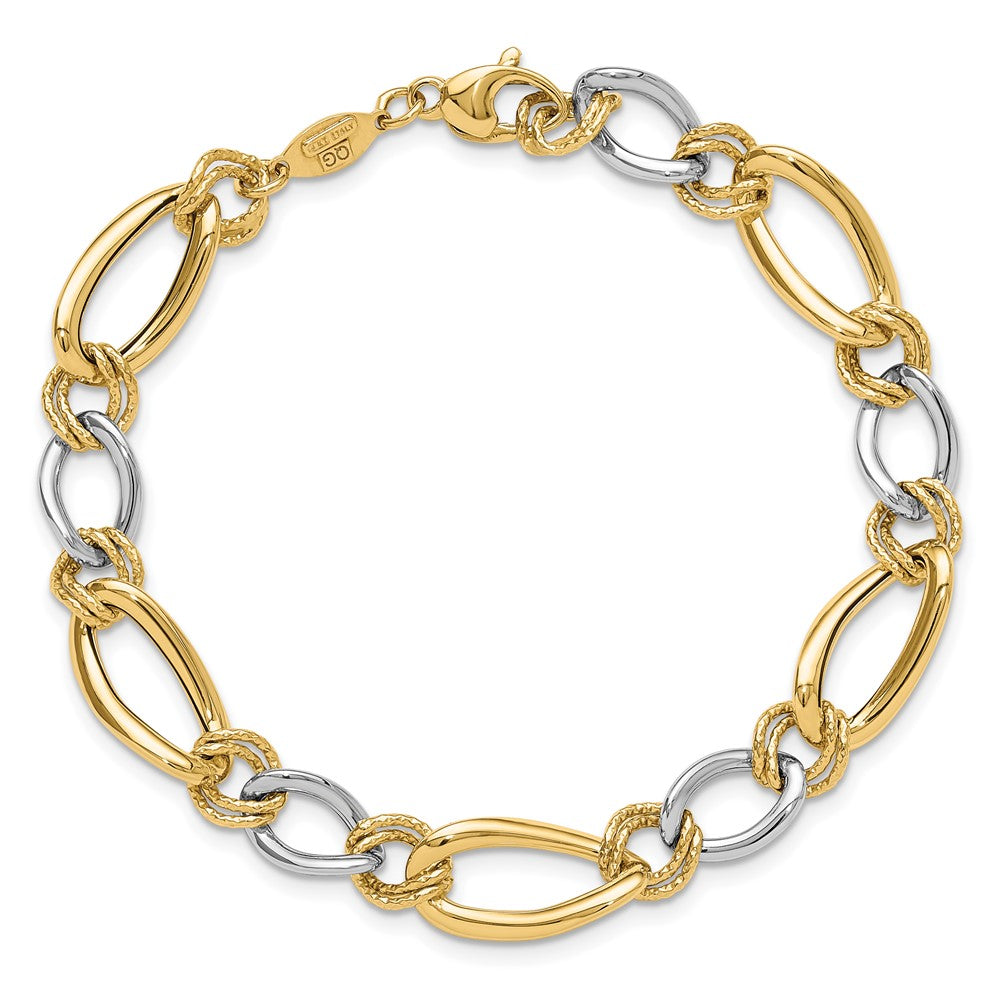 14K Two-tone Polished & Textured Fancy Oval Curb Bracelet