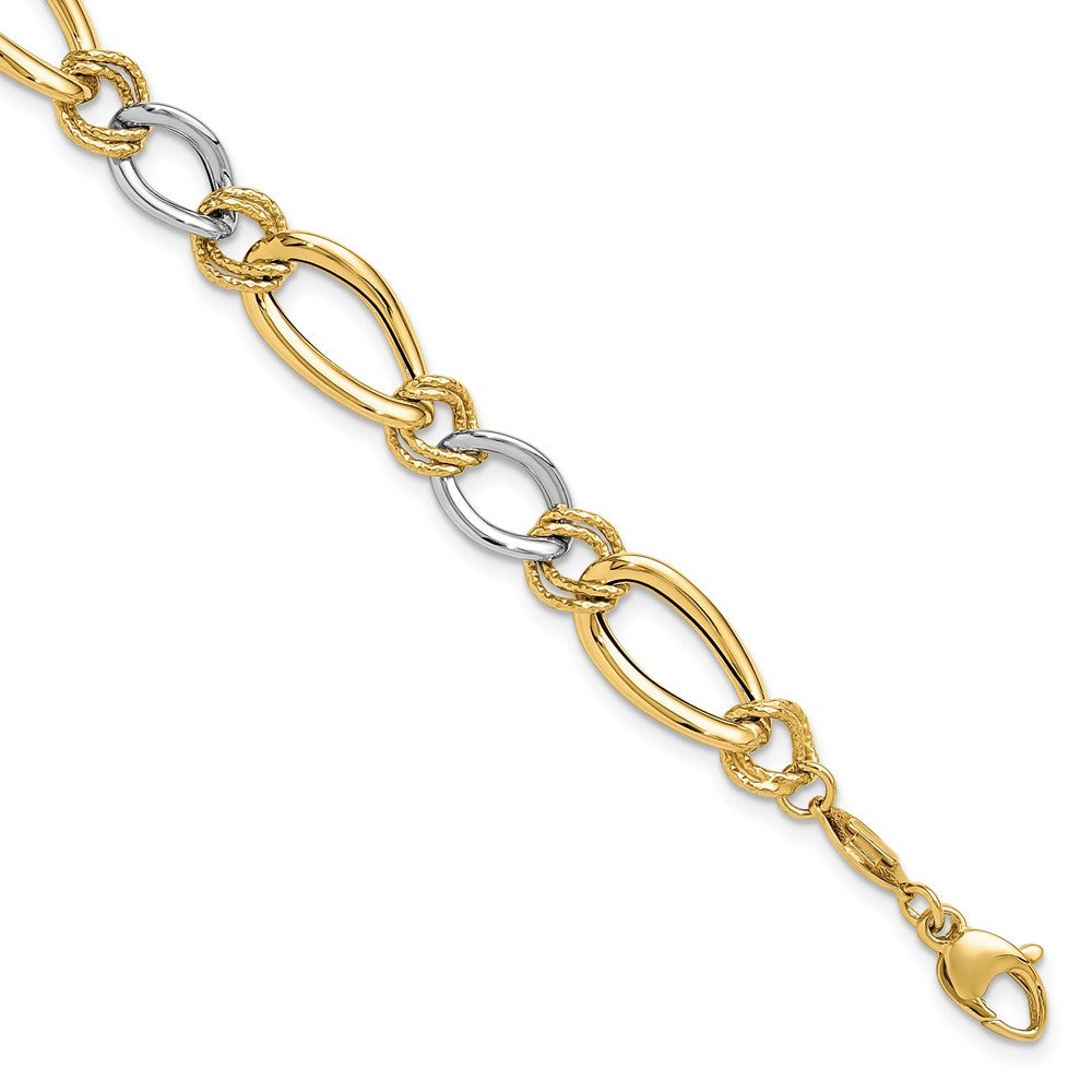 14K Two-tone Polished & Textured Fancy Oval Curb Bracelet