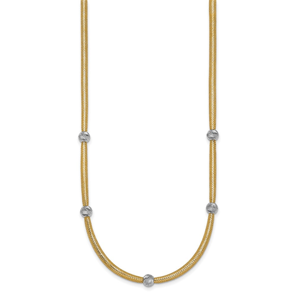 14k Polished w/Rhodium D/C Bead Flexible Mesh Necklace