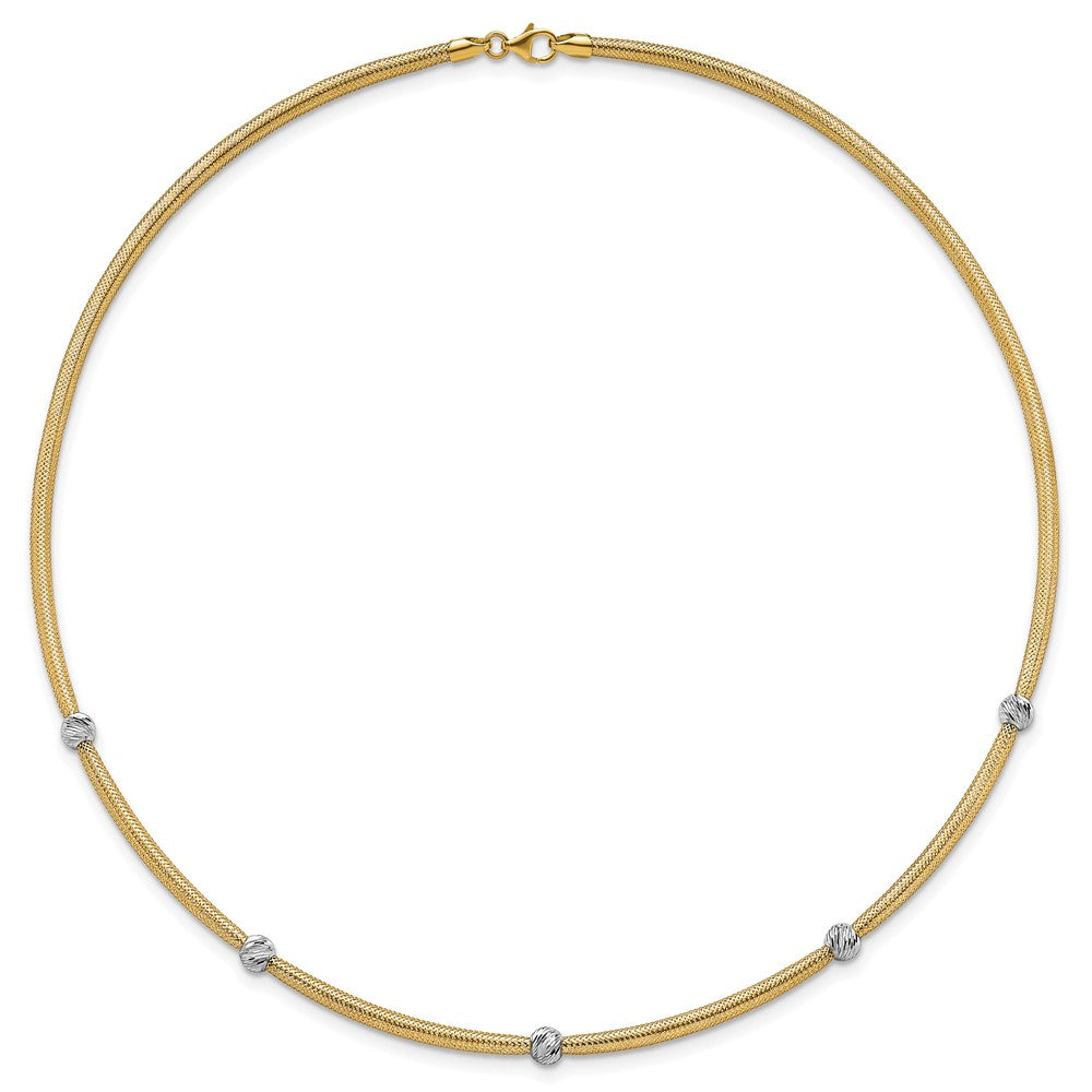 14k Polished w/Rhodium D/C Bead Flexible Mesh Necklace