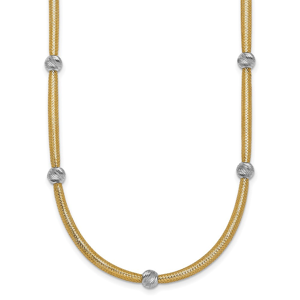 14k Polished w/Rhodium D/C Bead Flexible Mesh Necklace