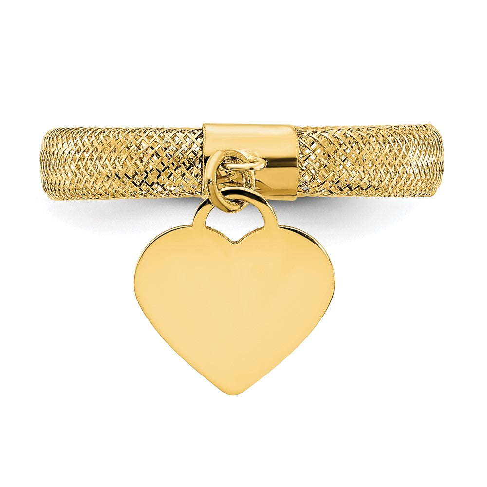 14K Gold Woven Mesh Stretch Polished Heart Charm Ring