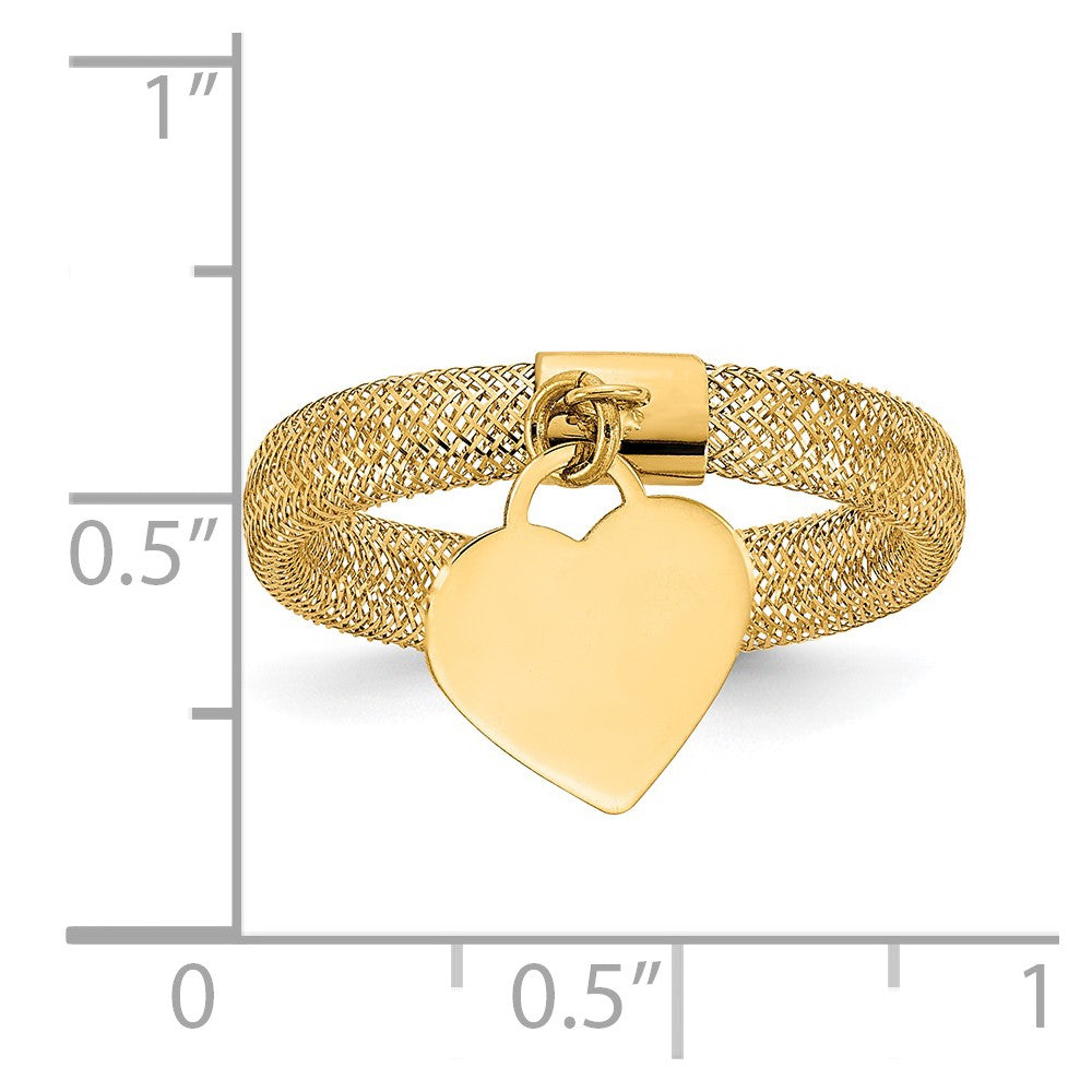 14K Gold Woven Mesh Stretch Polished Heart Charm Ring