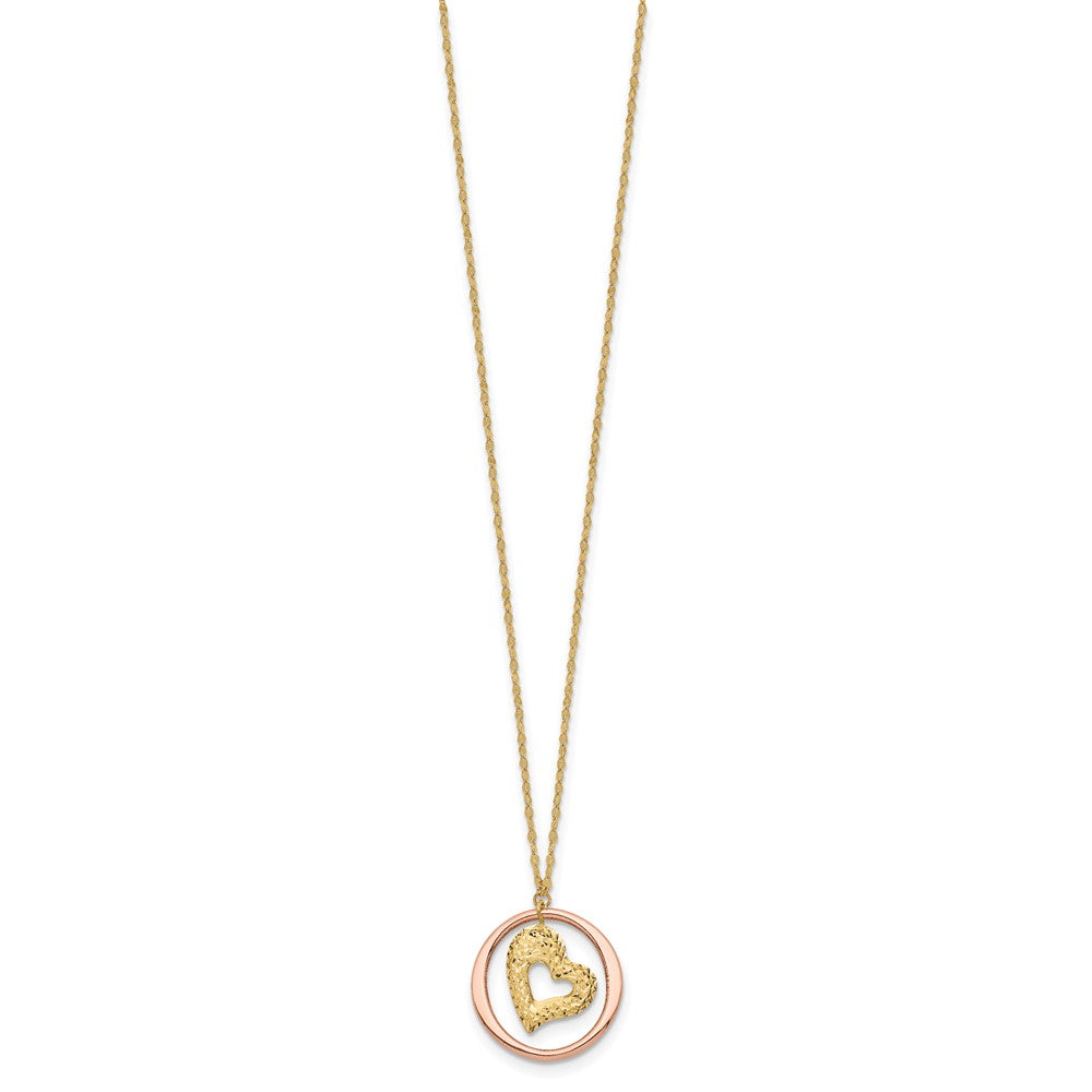 14K Two Tone Fancy Link D/C Heart in Open Circle Necklace