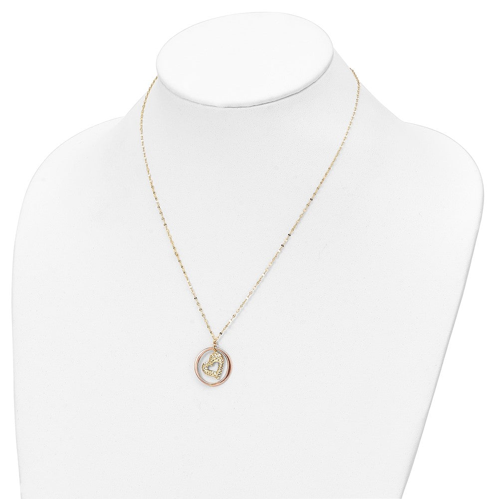 14K Two Tone Fancy Link D/C Heart in Open Circle Necklace