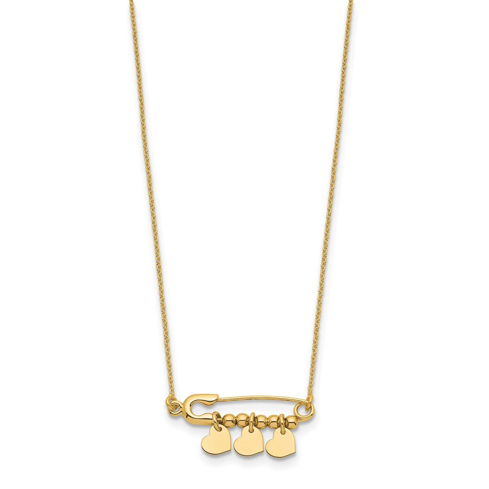14K Safety Pin with Dangle Hearts Necklace