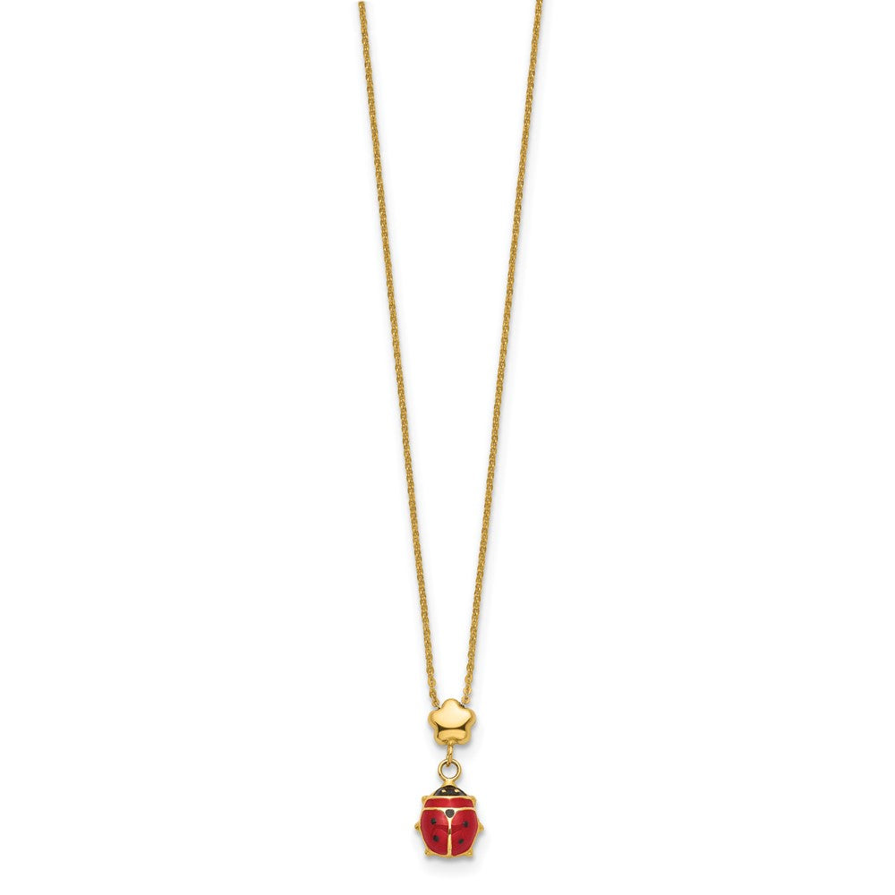 14k Polished Enameled Flower with Ladybug 16.5in Necklace