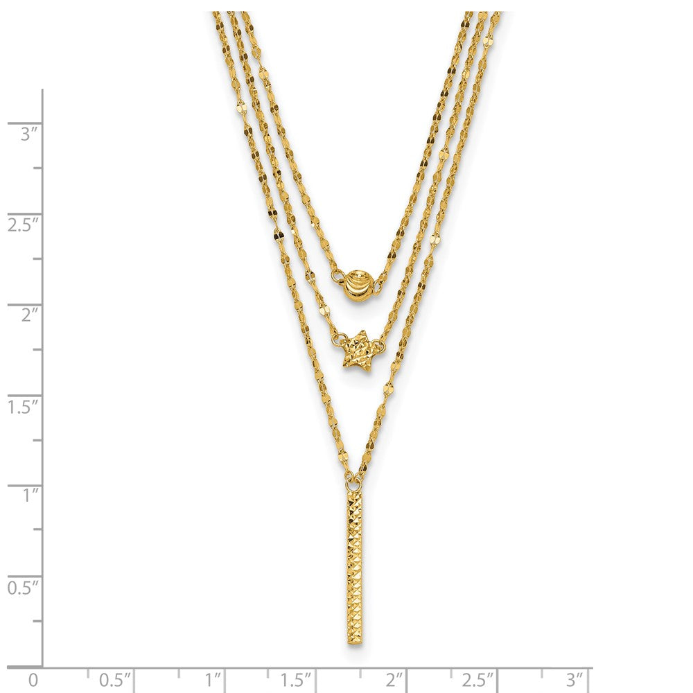 14K Three Layer D/C Bead/Star/Bar Necklace
